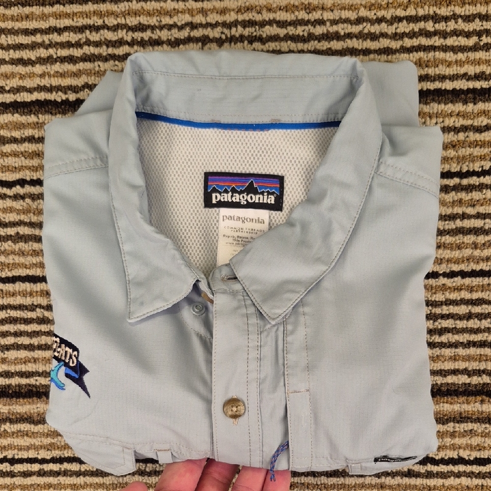 PATAGONIA Mint Green Grey Polyester Embroidered Mens XXL Long Sleeve‎ Shirt